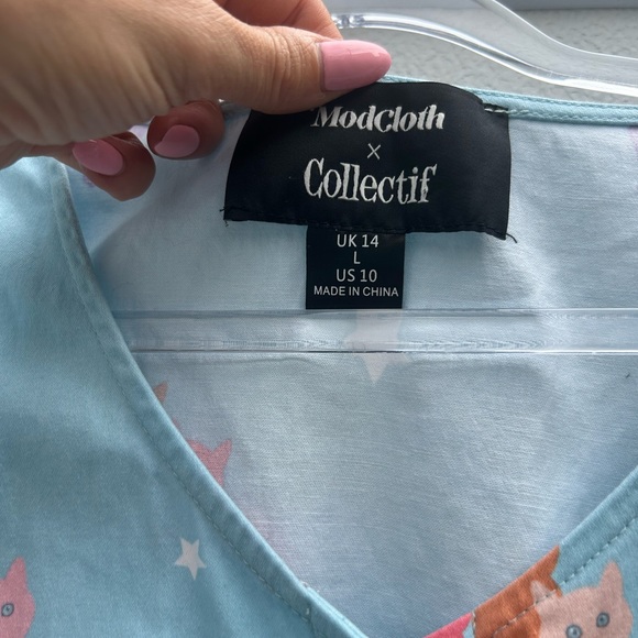 ModCloth X Collectif Cat Top Women L 10 Blue Multi Tie Button Front Puff Sleeves - Picture 7 of 13
